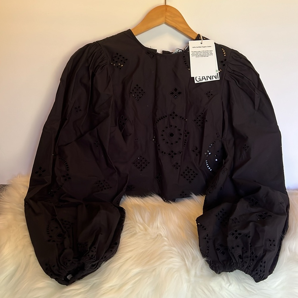 NWT GANNI Cropped broderie anglaise cotton blouse Sz 32.Equivalent toUS XXS or 0 - Picture 13 of 13
